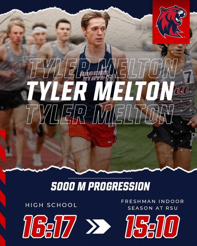 Tyler Melton racing indoors for Rogers State, with 5K progression from 16:17 to 15:10